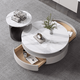 Modern high-low round coffee table set with luxury slate top and storage drawers main product image