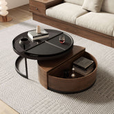 Round black and walnut coffee table set with 360-degree rotation and storage space main product image