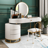 Makeup vanity set with extendable dressing table, side cabinet, mirror, and chair in white, pink, green, and blue