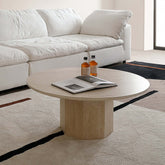 Round Japandi coffee table with beige travertine top and premium wood base main product image