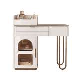 White makeup vanity table with glass tabletop, open storage compartment, drawers, and cabinet