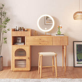 Wooden makeup dressing table featuring open storage, drawers, and a cabinet for organization main product image