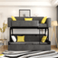 Convertible folding wood bunk bed sleeper with gray, blue, and khaki cushions included