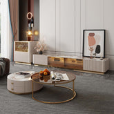 Modern round coffee table set with sintered stone top, 2 drawers, and metal legs main product image