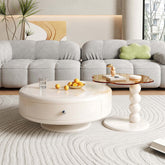 Set of 2 round rotating nesting coffee tables with 2 drawers and tea glass side surfaces main product image