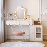White modern makeup vanity featuring drawers and a side cabinet for organized storage main product image