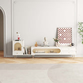 Extendable rectangle TV stand with sliding glass door, bookshelf, and three storage drawers main product image