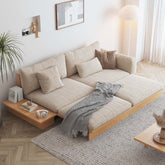 Beige folding sofa bed with solid wood frame and upholstered cotton linen cushions main product image