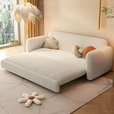 Modern white sleeper sofa with detachable mattress, casters, and black legs, 51 by 37 inches