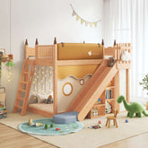 Solid wood children's bunk bed with slide, storage, and play tent for kids' bedroom main product image