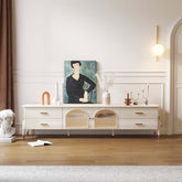 Beige modern TV stand with glass doors, LED lighting, and four storage drawers main product image