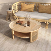 Round Japandi coffee table with solid wood top and rattan base, featuring two tiers for storage main product image