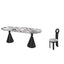 Oval marble dining table set with dual footing, solid back panel, and cushioned chairs