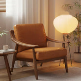 olive green arm chair with wood armrests