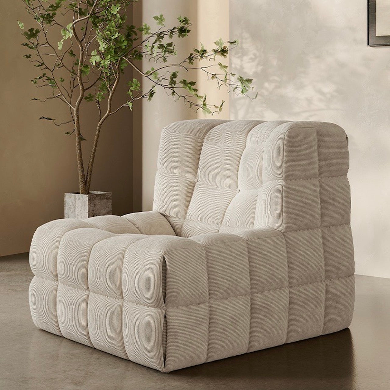 Retro style Beige corduroy lounge chair featuring distinctive tofu block pattern