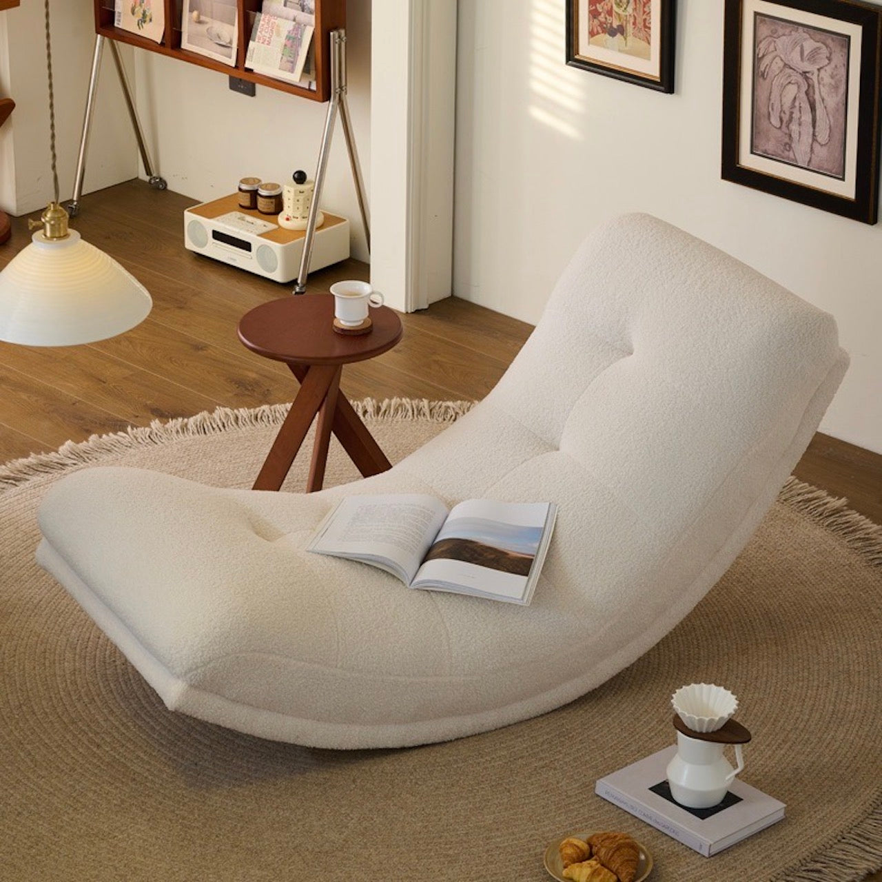 Elegant White Boucle Caterpillar Lounge Chair in Moon Shape with Soft Cushion