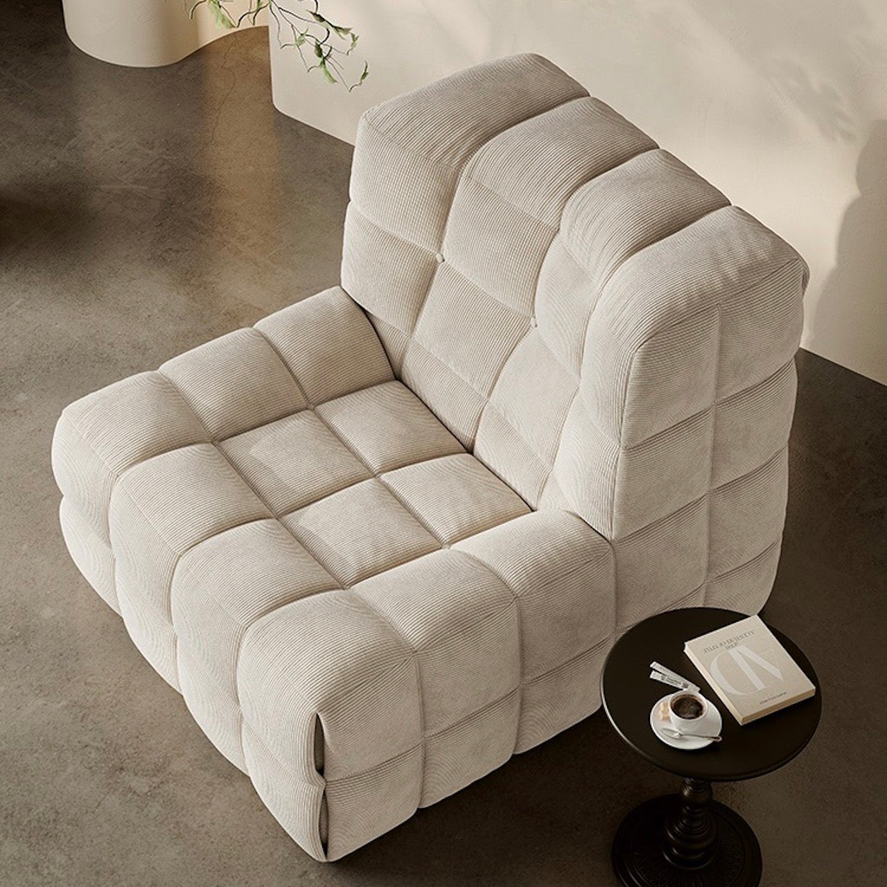 Timeless Beige corduroy caterpillar lounge chair with soft, retro block design for modern homes
