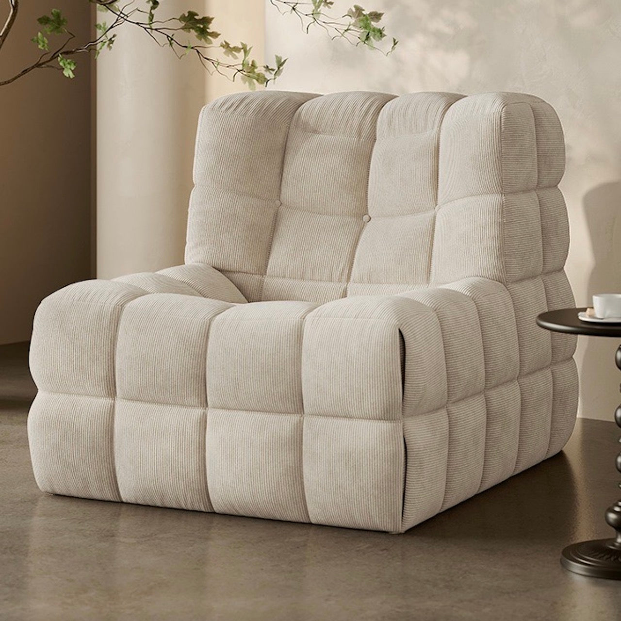 Vintage Beige corduroy single sofa with retro tofu block design in a lounge setting