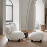 Japandi white boucle sherpa moon accent chair with round wood legs and matching ottoman main product image