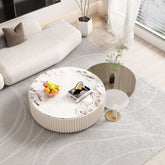 Set of 3 white and grey nesting coffee tables with stone tops and storage space main product image