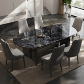 Oval dining table with black marble top and trestle metal base, modern dining room set main product image