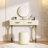 Luxury vanity makeup table with mirror, two drawers, and matching stool for elegant dressing