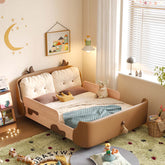 Wooden kid bed with cow design, safety rail, and soft headrest for comfortable sleep main product image