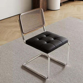 Vintage dining chair with black PU leather cushion and rattan back, single retro style main product image