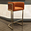 Champagne Gold Leather Bar Stool With Geometric Cutout Arms and Footrest