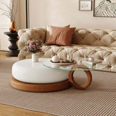 Round coffee table with glass top and solid wood legs, perfect for modern living rooms main product image