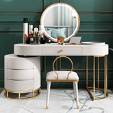 Makeup vanity set with extendable dressing table, side cabinet, mirror, and chair in white, pink, green, and blue main product image