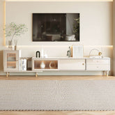 Beige retractable and extendable TV stand with drawers and storage for media organization main product image