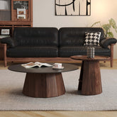 Round high-low coffee table made of solid wood and slate with built-in storage space main product image
