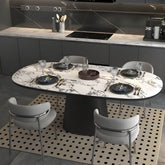 Oval black and white marble kitchen dining table with wooden base main product image