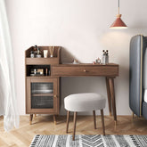 Coffee brown wooden vanity table with side cabinets, open storage, and drawers for bedroom organization main product image