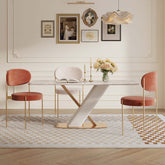 White rectangular marble dining table with gold stainless steel X-base, modern design main product image