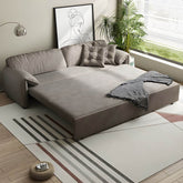 Gray Scandinavian sofa bed with fabric upholstery and coir faux leather sleeper, 69 inches long