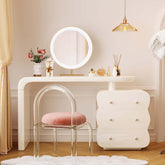 White makeup vanity featuring an adjustable side cabinet with three drawers for storage main product image
