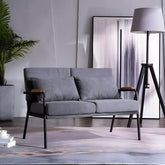 Mid century modern 2-seater sofa with black metal frame and solid wood arms main product image