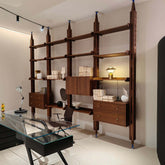 Mid-century modern floor-to-ceiling bookcase with sleek design and ample storage space