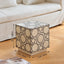 Geometric Inlay Mother of Pearl Side Table, Sculptural Pedestal Accent Dimensions