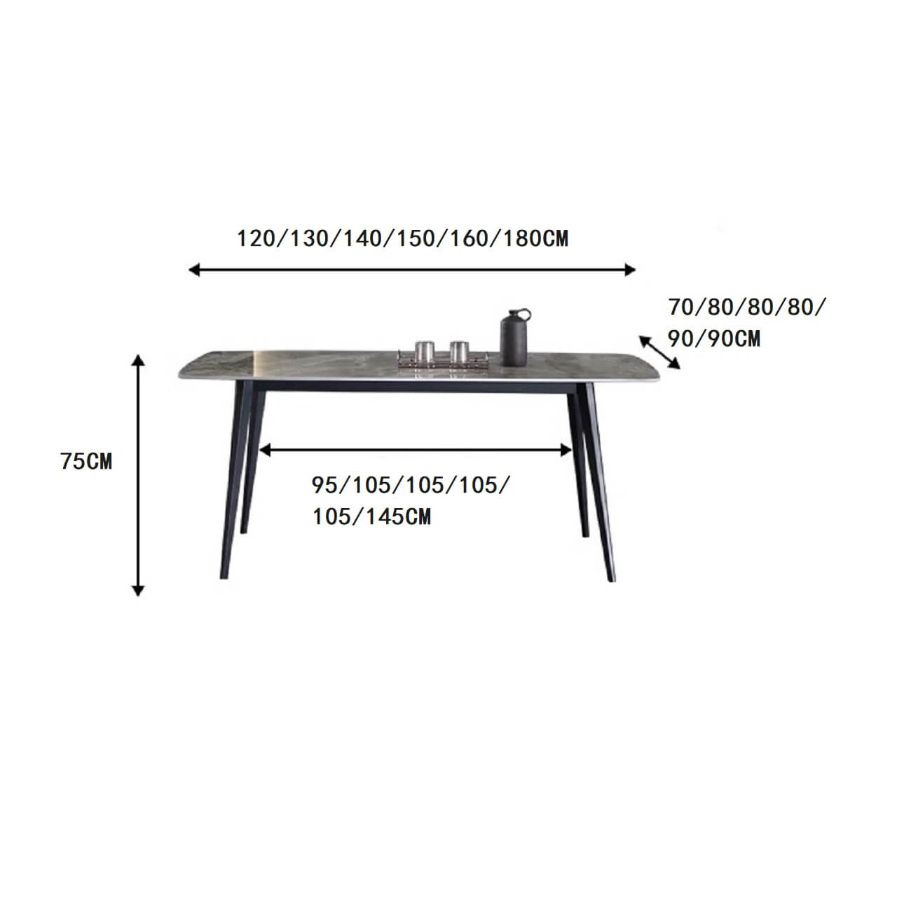 Modern grey rectangular dining table with bright rock tabletop and carbon steel legs dimensions