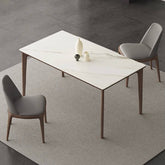 White rectangular sintered stone tabletop dining table with solid wood base in minimalist design main product image