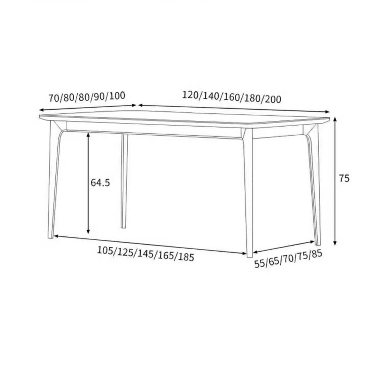 White rectangular sintered stone tabletop dining table with solid wood base in minimalist design dimensions