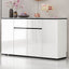 Modern White Wood Sideboard with Black Glass Top and Press-to-Open Cabinets