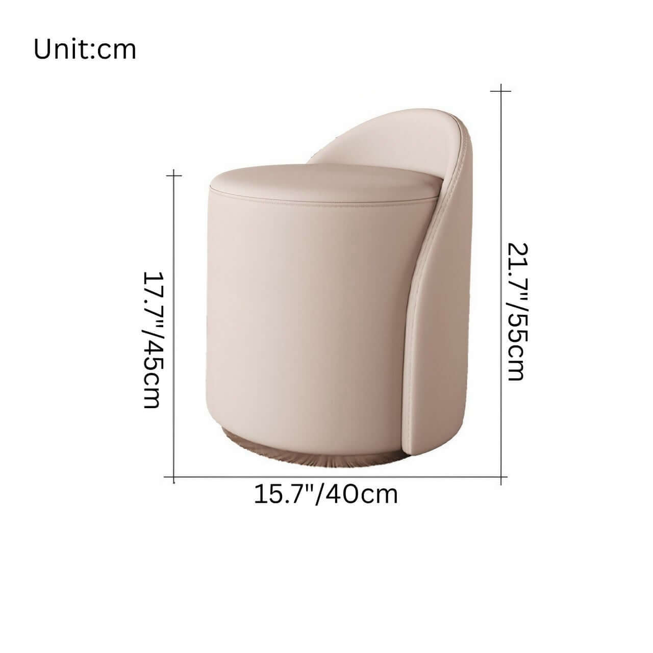 Off white leather swivel makeup stool with quiet, durable design and premium comfort dimensions