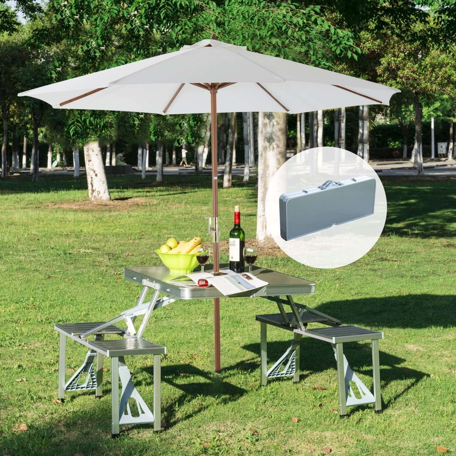 folding patio table umbrella hole Portable Folding Picnic Table With Umbrella Hole, Silver Wood