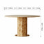 Round Burlwood Dining Table With Thick Column Base and Metal Disc Dimensions