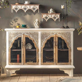 Rustic Boho Fir Wood Cabinet with Glass Doors - White/Natural Main Product Image