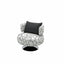 Sculptural Black White Printed Linen Swivel Chair With Curved Shelter Silhouette